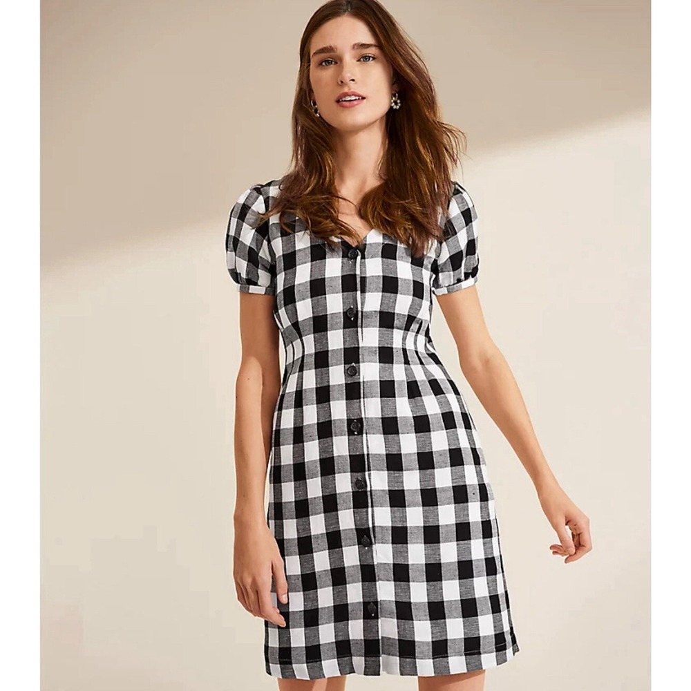 LOFT Black Gingham Linen Blend Dress Buttoned Puff Sleeve Button Down 2P